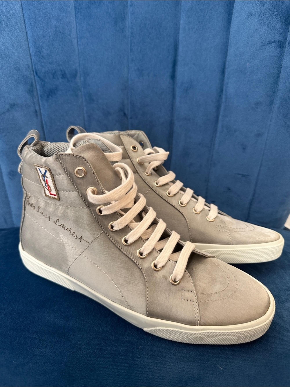 Saint Laurent Gray High-Top Suede Sneakers with Tan Laces